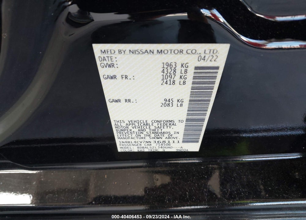 2022 NISSAN ALTIMA SR FWD VIN: 1N4BL4CV7NN368111