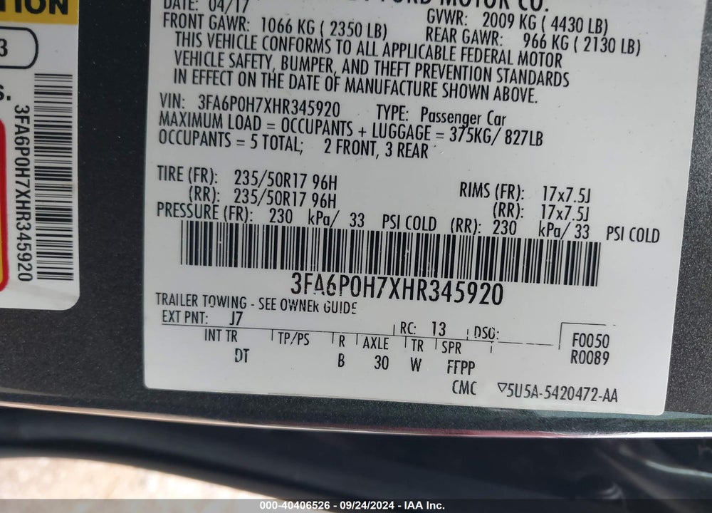 2017 FORD FUSION SE VIN: 3FA6P0H7XHR345920