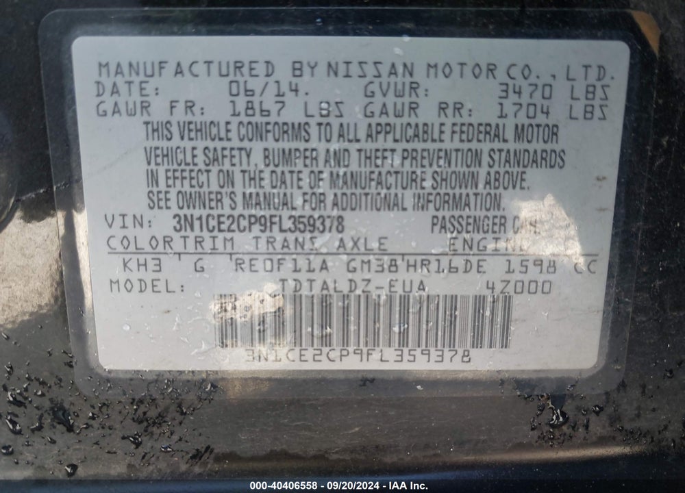 2015 NISSAN VERSA NOTE SV VIN: 3N1CE2CP9FL359378