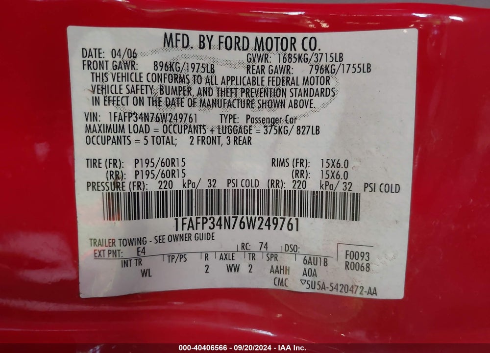 2006 FORD FOCUS ZX4 VIN: 1FAFP34N76W249761