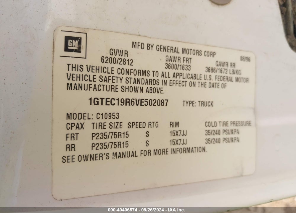 1997 GMC SIERRA 1500 SL WIDESIDE VIN: 1GTEC19R6VE502087