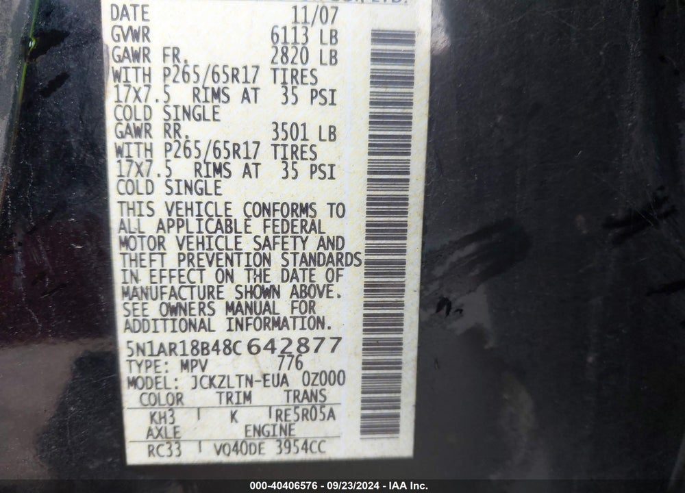 2008 NISSAN PATHFINDER SE VIN: 5N1AR18B48C642877