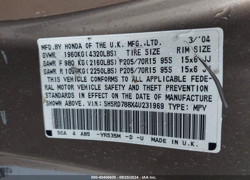 2004 HONDA CR-V EX VIN: SHSRD788X4U231969