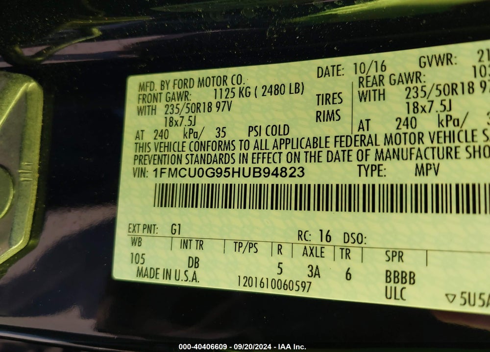 2017 FORD ESCAPE SE VIN: 1FMCU0G95HUB94823