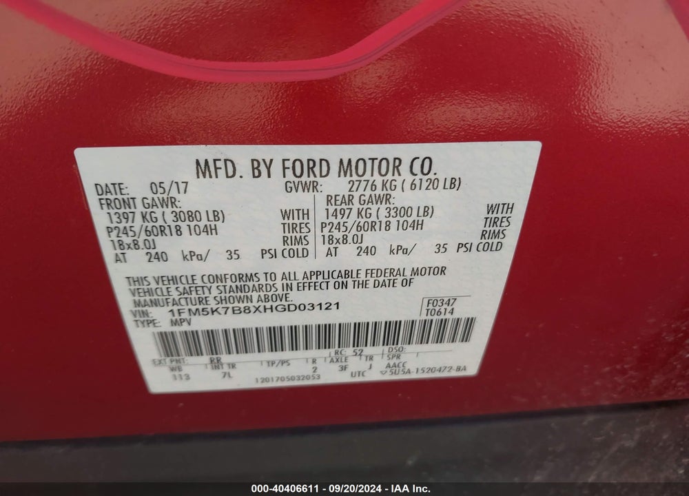 2017 FORD EXPLORER VIN: 1FM5K7B8XHGD03121