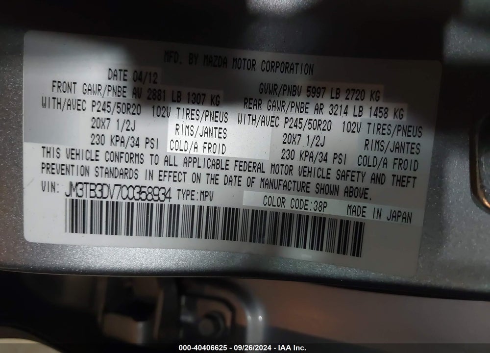 2012 MAZDA CX-9 GRAND TOURING VIN: JM3TB3DV7C0358934