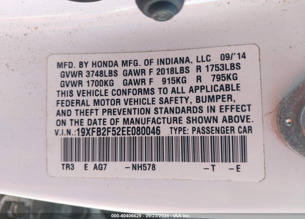 2014 HONDA CIVIC LX VIN: 19XFB2F52EE080046