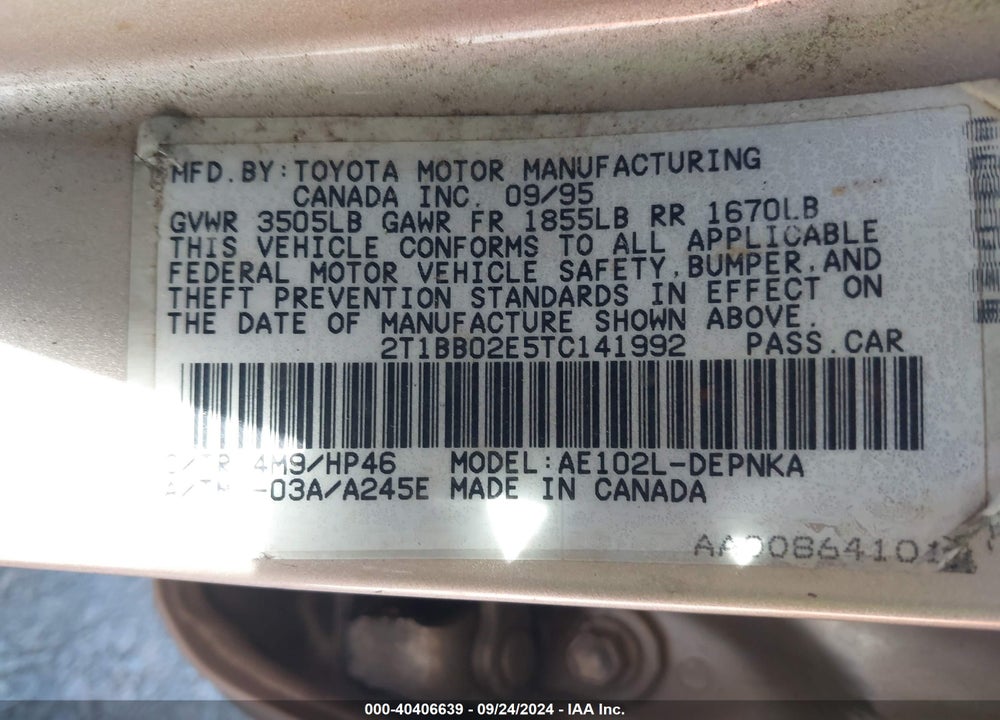 1996 TOYOTA COROLLA DX VIN: 2T1BB02E5TC141992