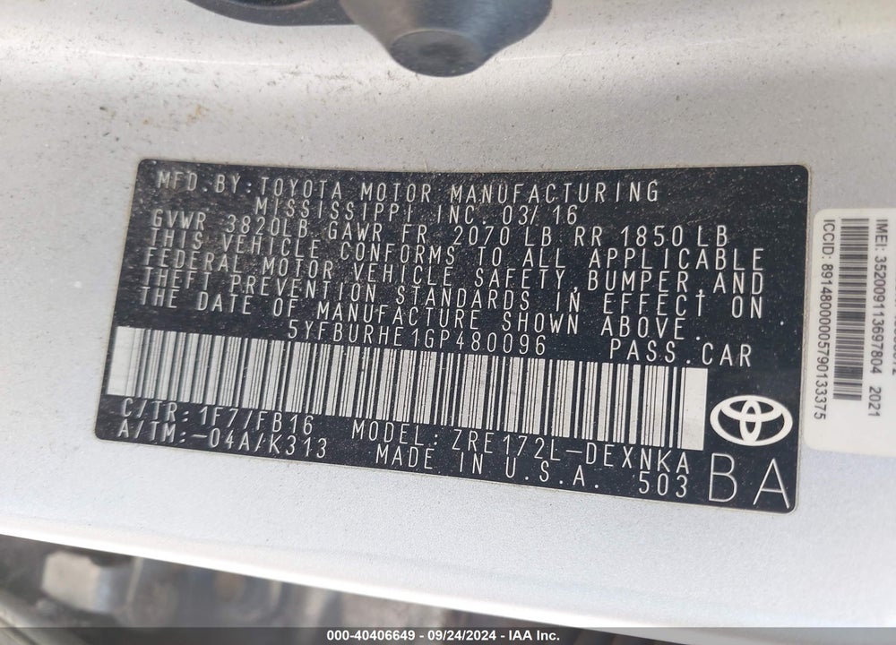 2016 TOYOTA COROLLA LE VIN: 5YFBURHE1GP480096