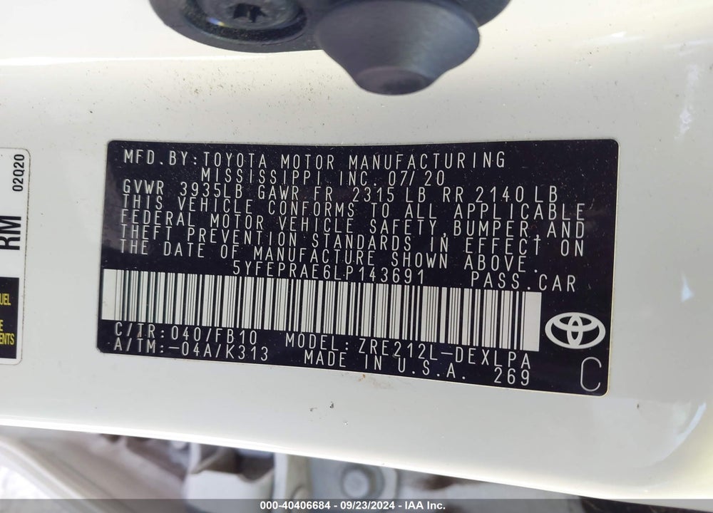 2020 TOYOTA COROLLA LE VIN: 5YFEPRAE6LP143691