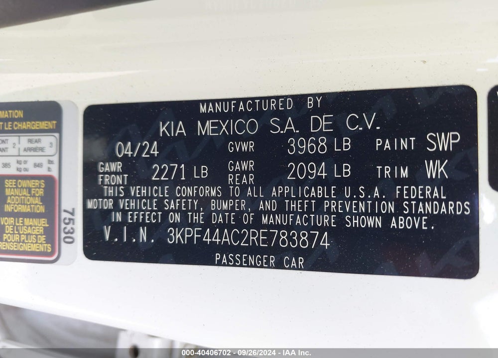 2024 KIA FORTE GT VIN: 3KPF44AC2RE783874