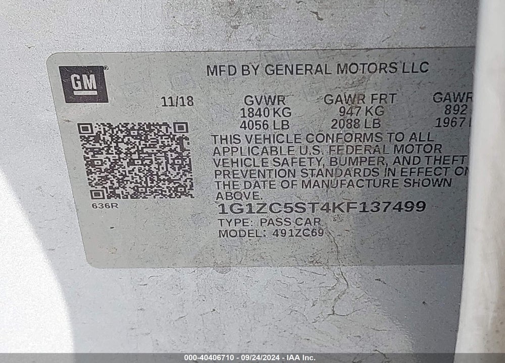 2019 CHEVROLET MALIBU 1FL VIN: 1G1ZC5ST4KF137499