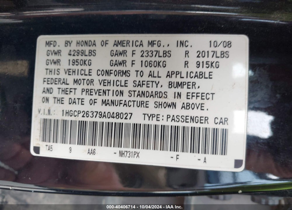 2009 HONDA ACCORD 2.4 LX VIN: 1HGCP26379A048027