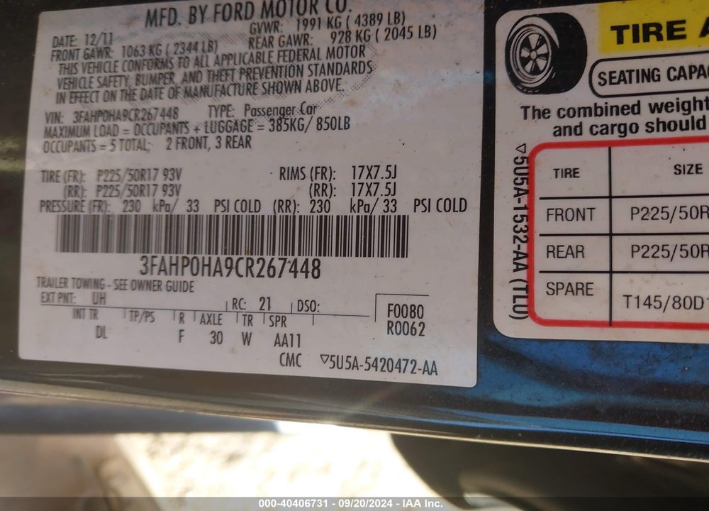 2012 FORD FUSION SE VIN: 3FAHP0HA9CR267448