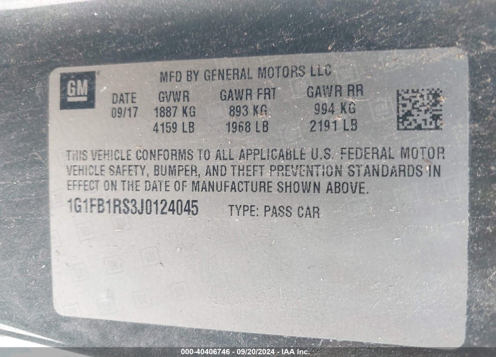 2018 CHEVROLET CAMARO 1LT VIN: 1G1FB1RS3J0124045