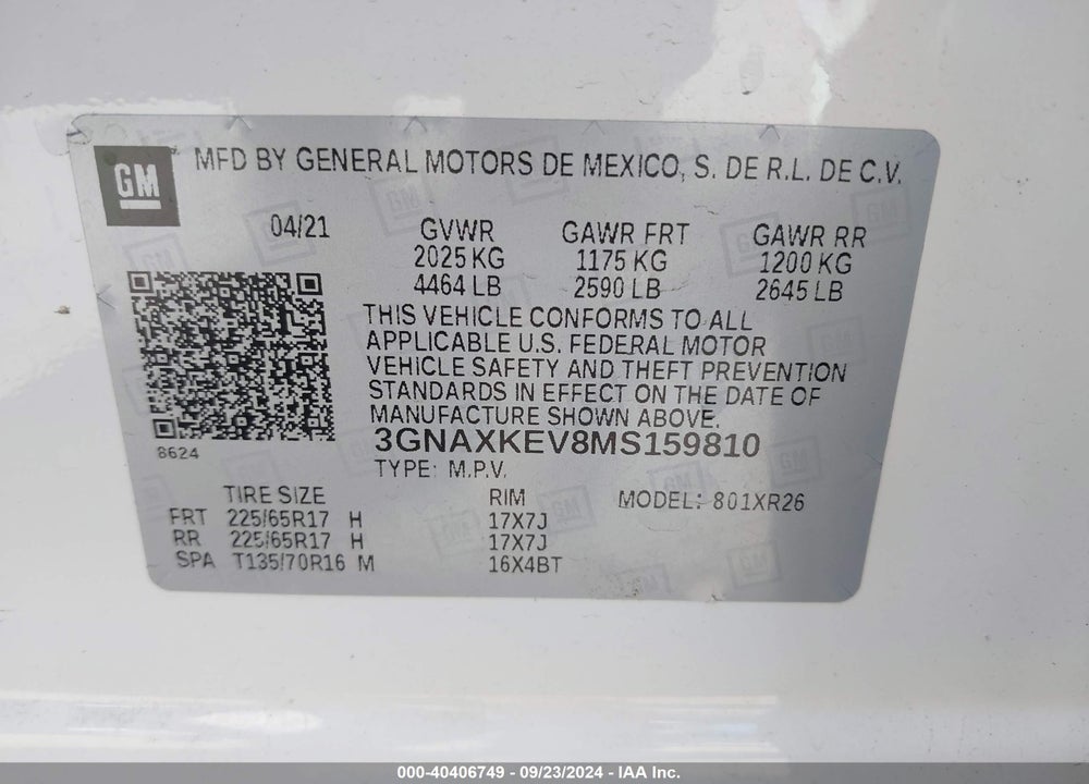2021 CHEVROLET EQUINOX FWD LT VIN: 3GNAXKEV8MS159810
