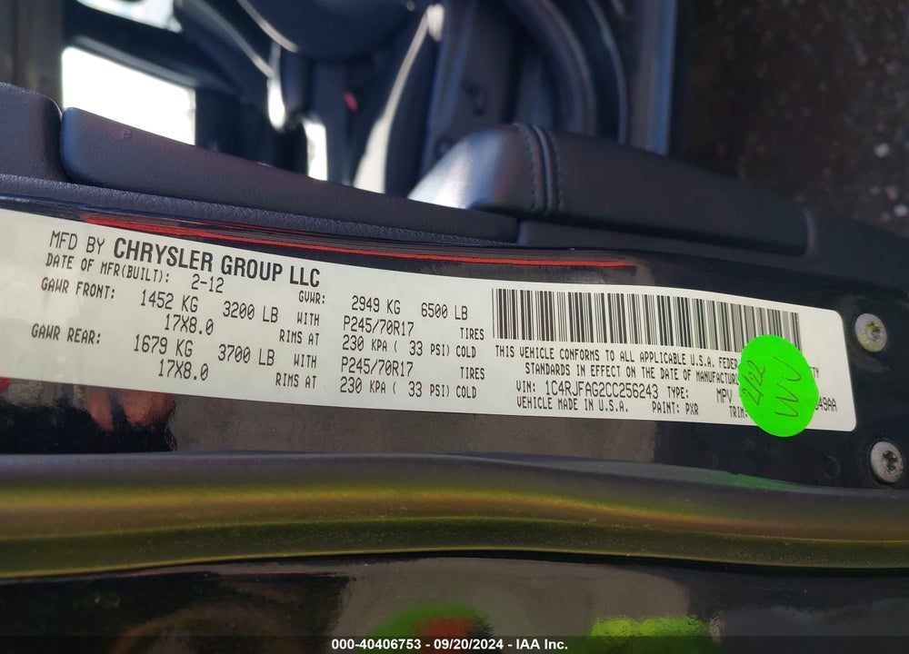 2012 JEEP GRAND CHEROKEE LAREDO VIN: 1C4RJFAG2CC256243