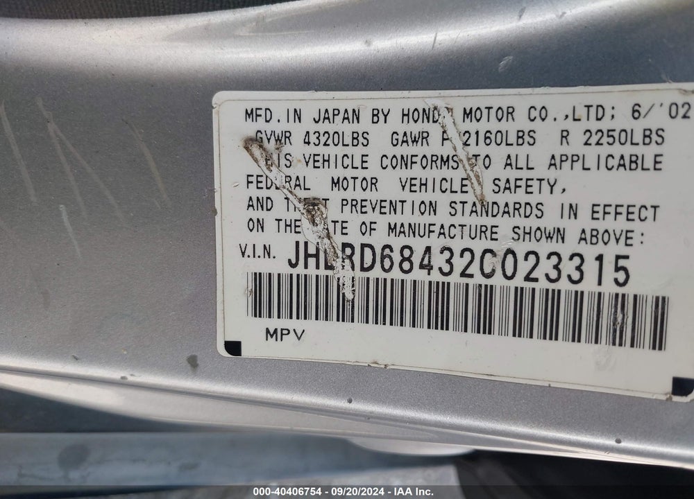 2002 HONDA CR-V LX VIN: JHLRD68432C023315
