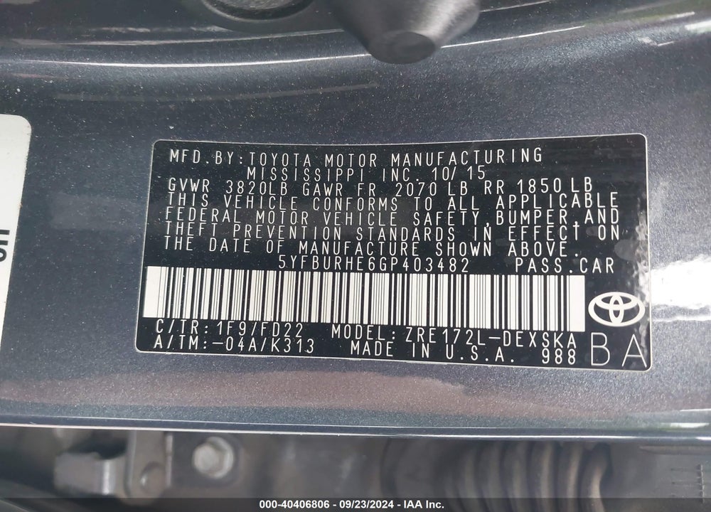 2016 TOYOTA COROLLA S PLUS VIN: 5YFBURHE6GP403482