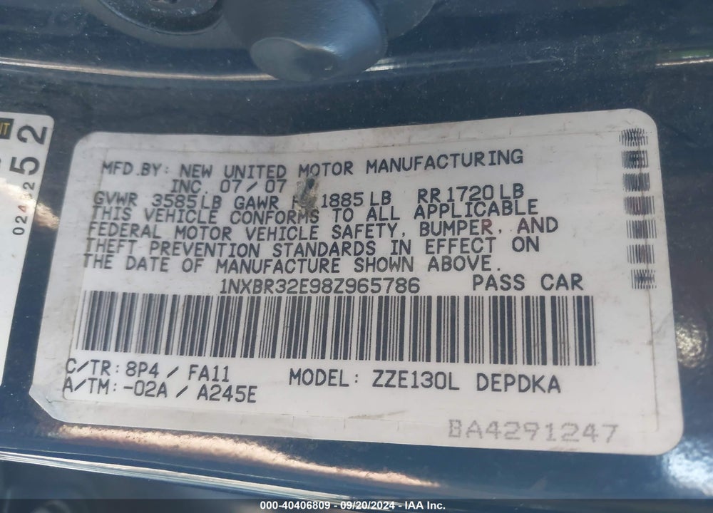 2008 TOYOTA COROLLA CE VIN: 1NXBR32E98Z965786