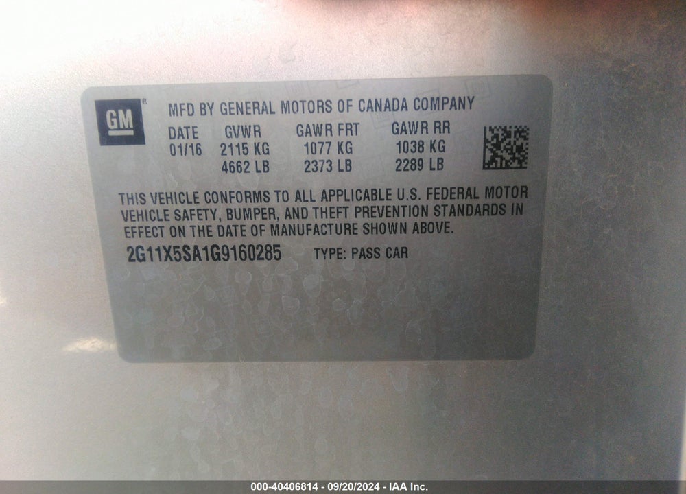 2016 CHEVROLET IMPALA VIN: 2G11X5SA1G9160285