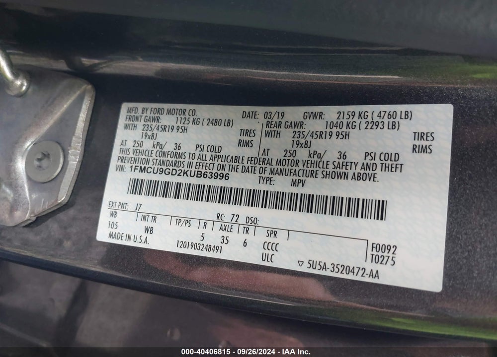 2019 FORD ESCAPE SE VIN: 1FMCU9GD2KUB63996