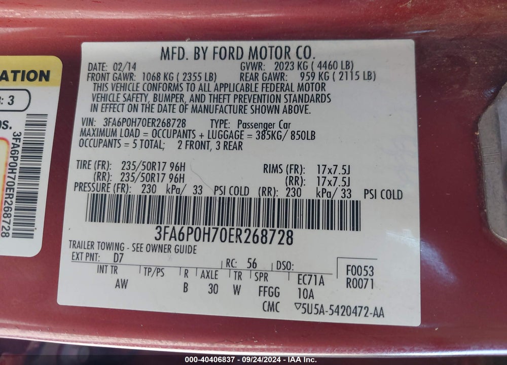 2014 FORD FUSION SE VIN: 3FA6P0H70ER268728