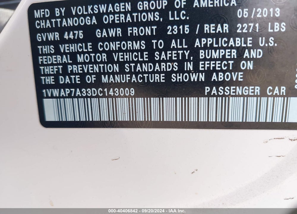 2013 VOLKSWAGEN PASSAT 2.5L WOLFSBURG EDITION VIN: 1VWAP7A33DC143009
