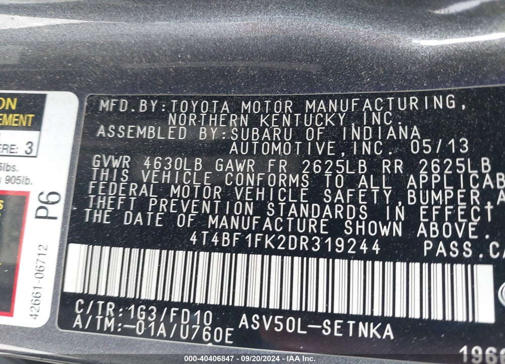 2013 TOYOTA CAMRY LE VIN: 4T4BF1FK2DR319244