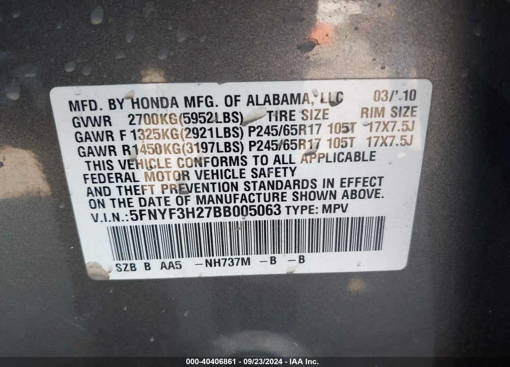 2011 HONDA PILOT LX VIN: 5FNYF3H27BB005063