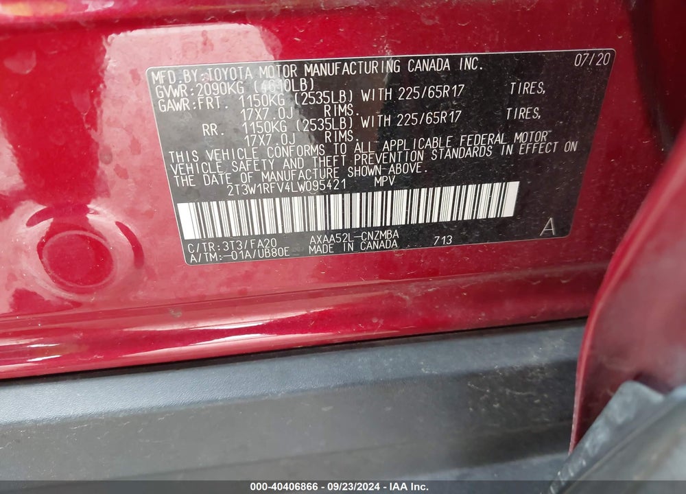 2020 TOYOTA RAV4 XLE VIN: 2T3W1RFV4LW095421