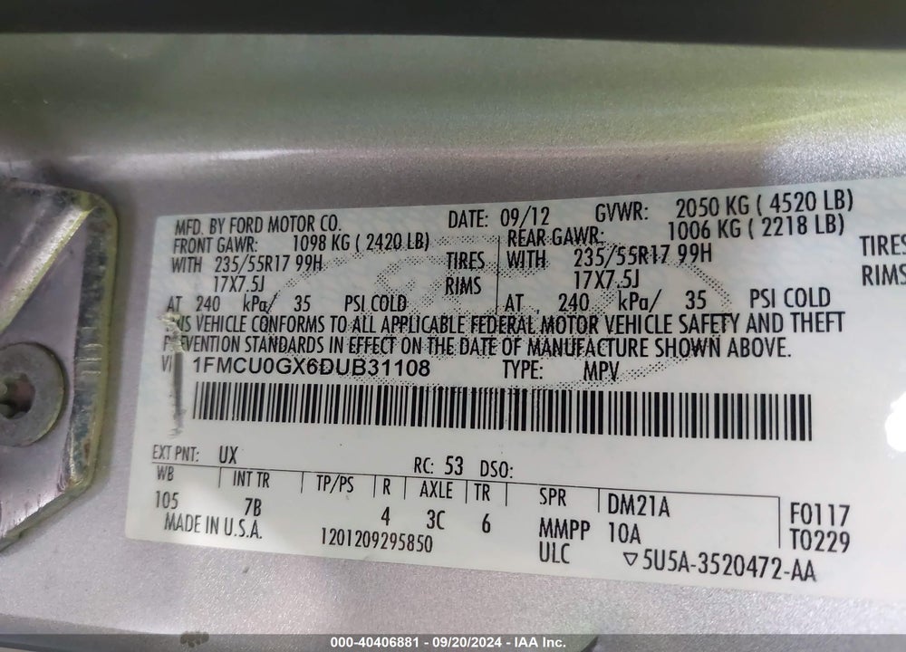 2013 FORD ESCAPE SE VIN: 1FMCU0GX6DUB31108