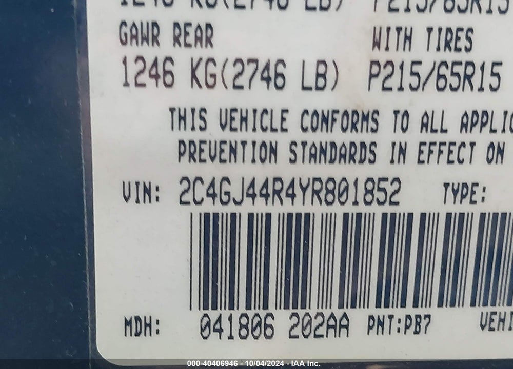 2000 CHRYSLER GRAND VOYAGER SE VIN: 2C4GJ44R4YR801852