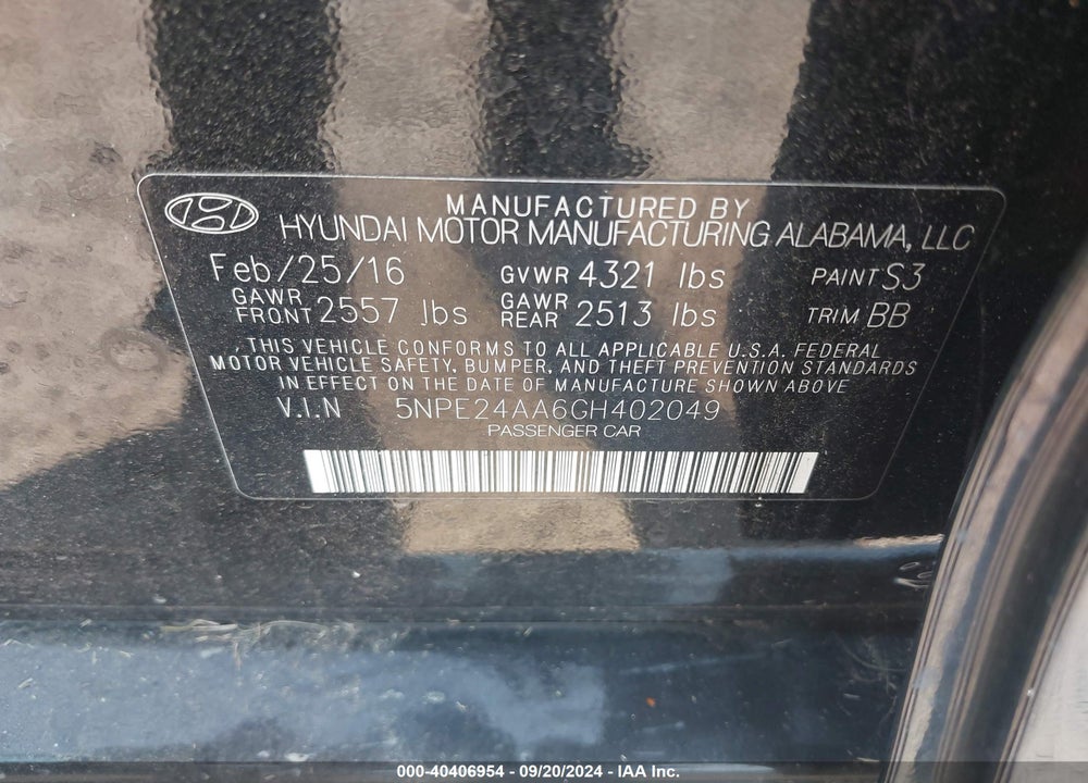 2016 HYUNDAI SONATA ECO VIN: 5NPE24AA6GH402049