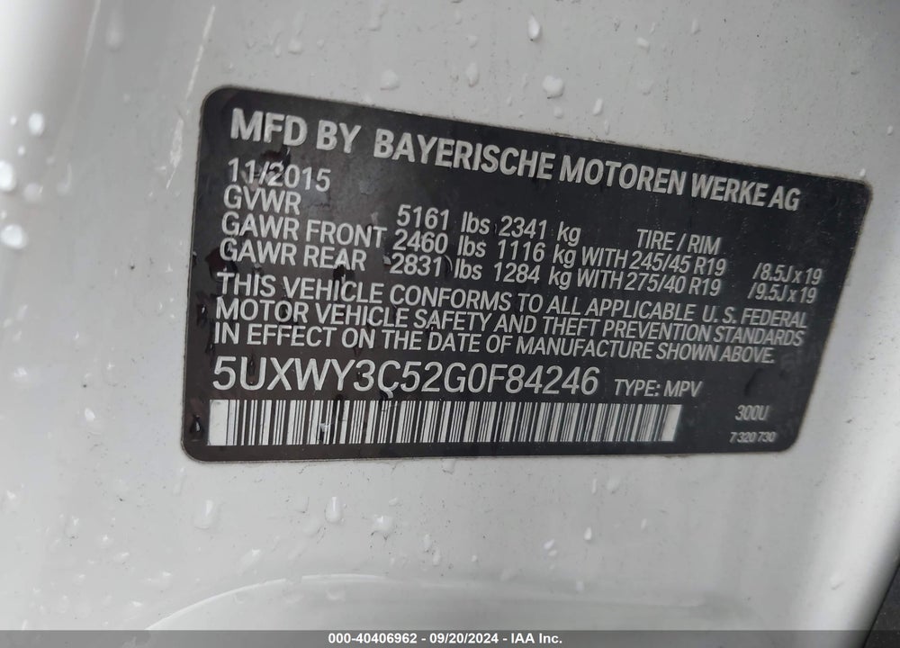 2016 BMW X3 XDRIVE28D VIN: 5UXWY3C52G0F84246