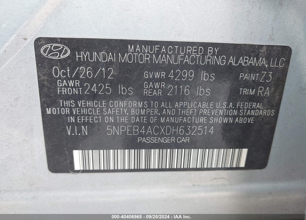 2013 HYUNDAI SONATA GLS VIN: 5NPEB4ACXDH632514