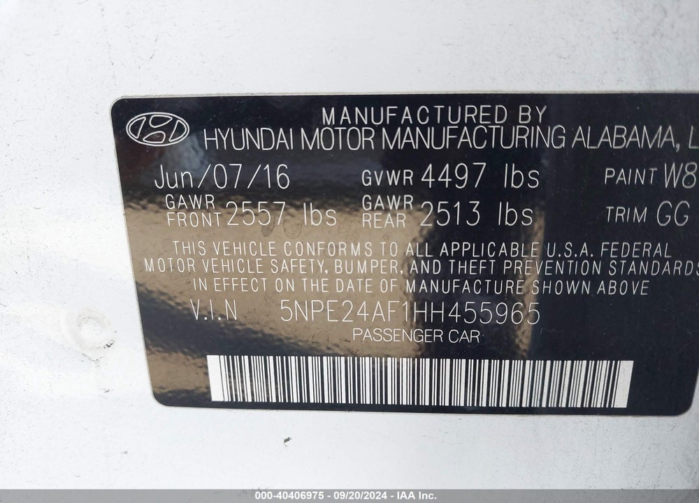 2017 HYUNDAI SONATA VIN: 5NPE24AF1HH455965