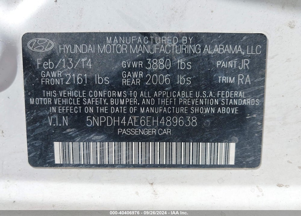 2014 HYUNDAI ELANTRA SE VIN: 5NPDH4AE6EH489638