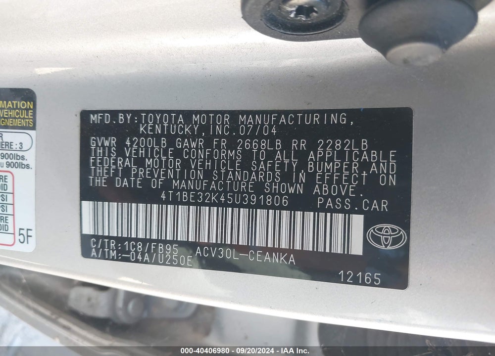 2005 TOYOTA CAMRY LE VIN: 4T1BE32K45U391806