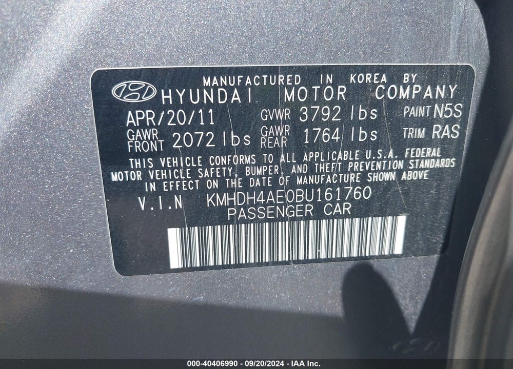 2011 HYUNDAI ELANTRA LIMITED (ULSAN PLANT) VIN: KMHDH4AE0BU161760