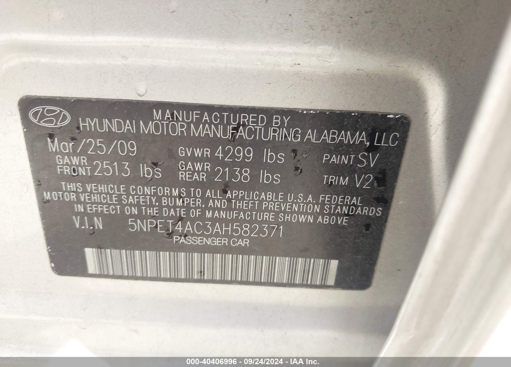 2010 HYUNDAI SONATA GLS VIN: 5NPET4AC3AH582371