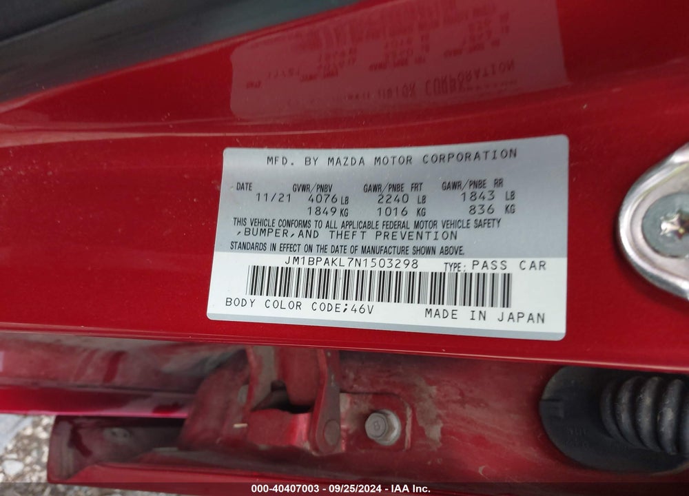 2022 MAZDA 3 SELECT VIN: JM1BPAKL7N1503298