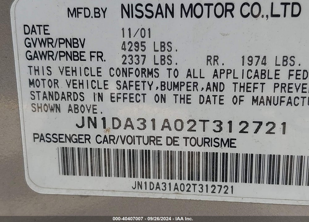 2002 NISSAN MAXIMA SE VIN: JN1DA31A02T312721