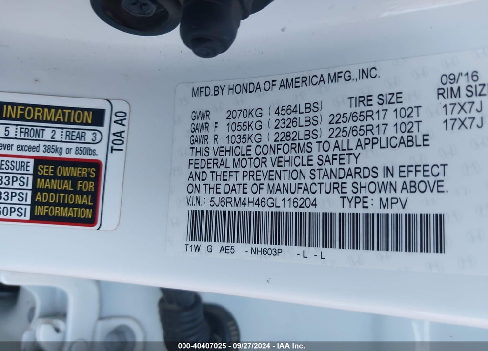 2016 HONDA CR-V SE VIN: 5J6RM4H46GL116204
