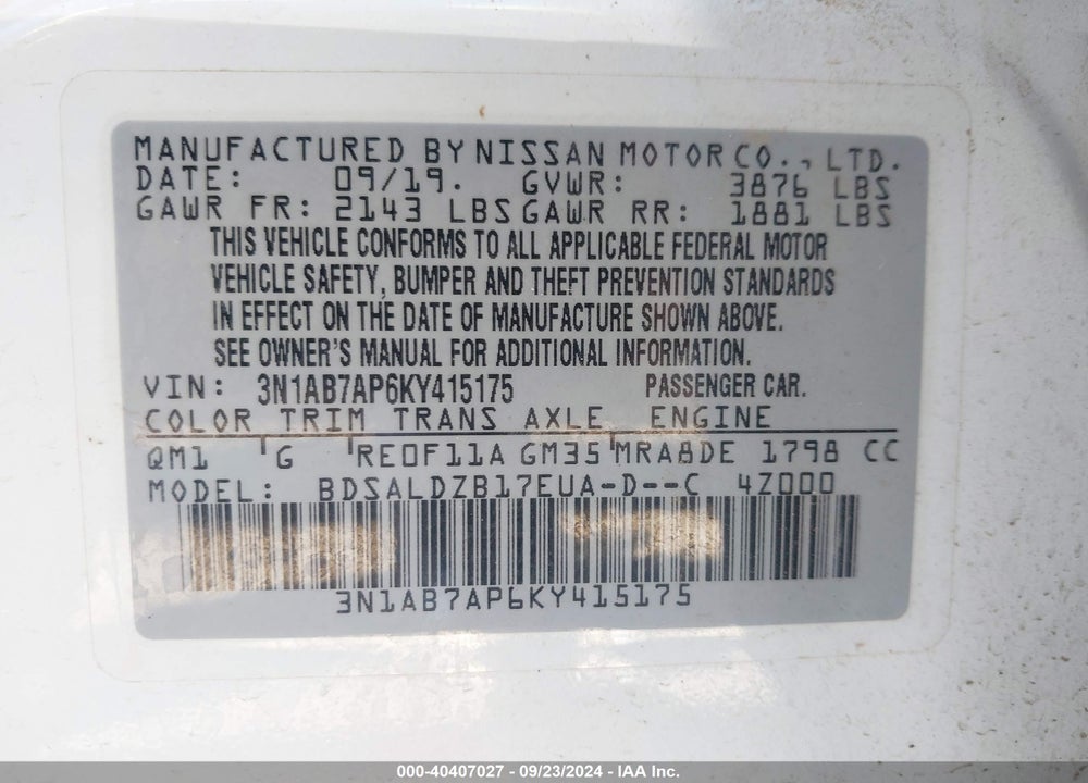 2019 NISSAN SENTRA SV VIN: 3N1AB7AP6KY415175