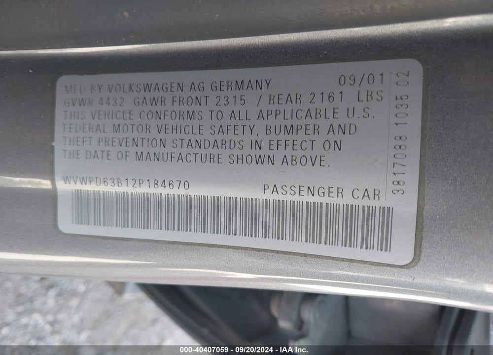 2002 VOLKSWAGEN PASSAT GLS VIN: WVWPD63B12P184670