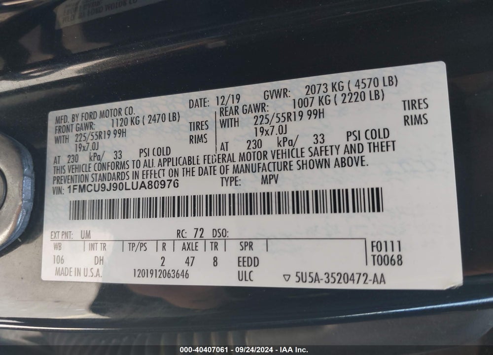 2020 FORD ESCAPE TITANIUM VIN: 1FMCU9J90LUA80976