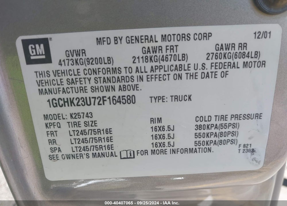 2002 CHEVROLET SILVERADO 2500HD LS VIN: 1GCHK23U72F164580