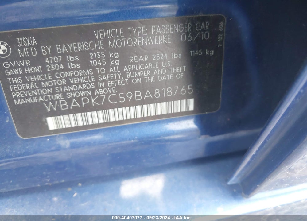 2011 BMW 328I XDRIVE VIN: WBAPK7C59BA818765