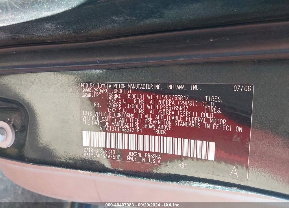 2006 TOYOTA TUNDRA SR5 V8 VIN: 5TBET34116S542191